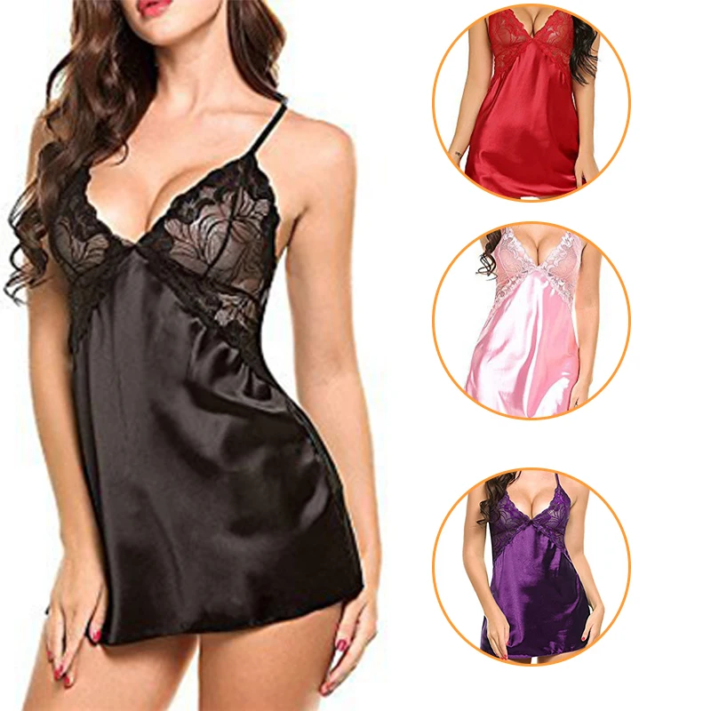 Women Sexy Silk Satin Night Dress Sleeveless Nighties V Neck Comfortable Silk Lingerie Female Lace Pajamas Sleepwear Nightwear