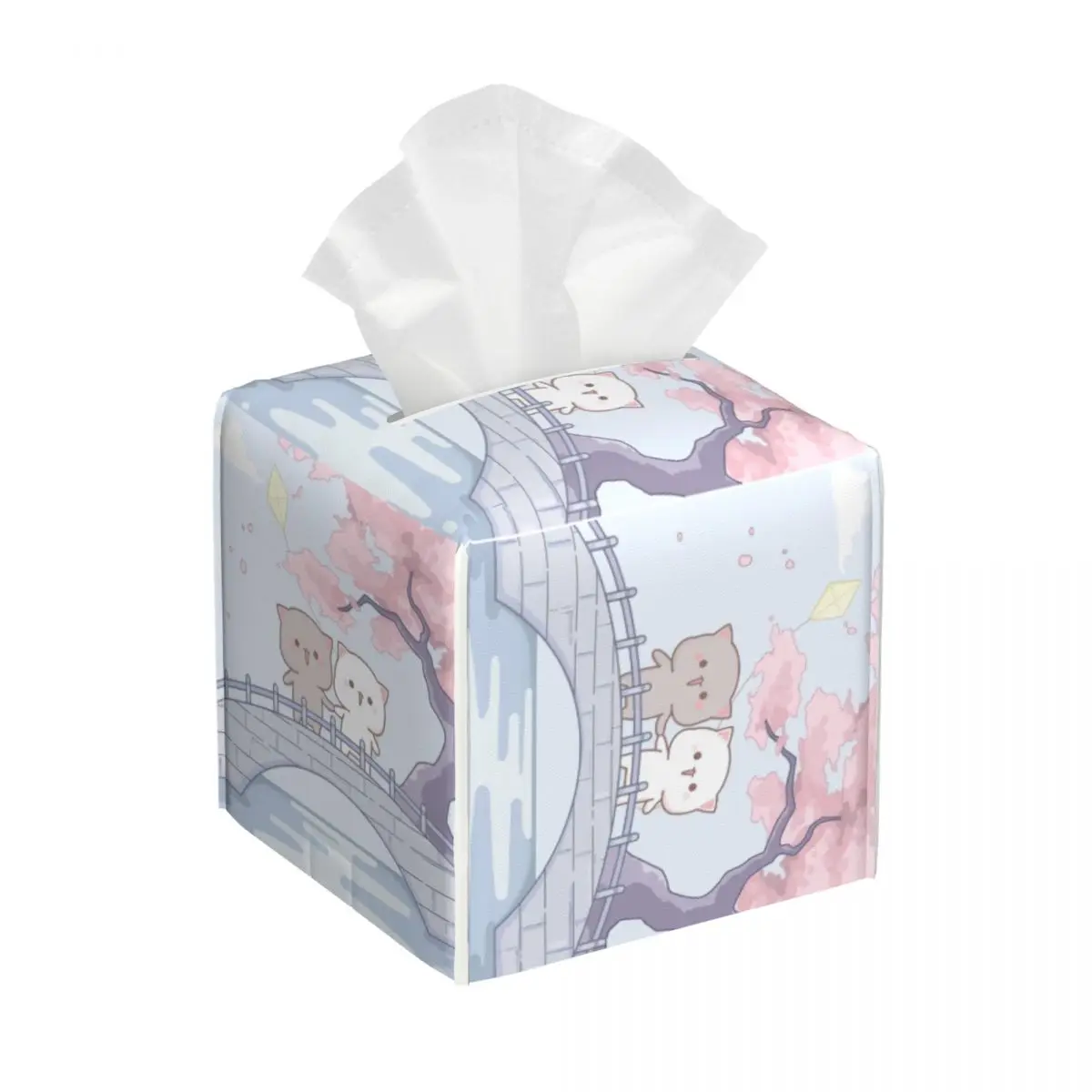 Custom Romantic Peach And Goma Mochi Cat Facial Tissue Box Cover Square PU Leather Tissue Box Holder for Car Bathroom