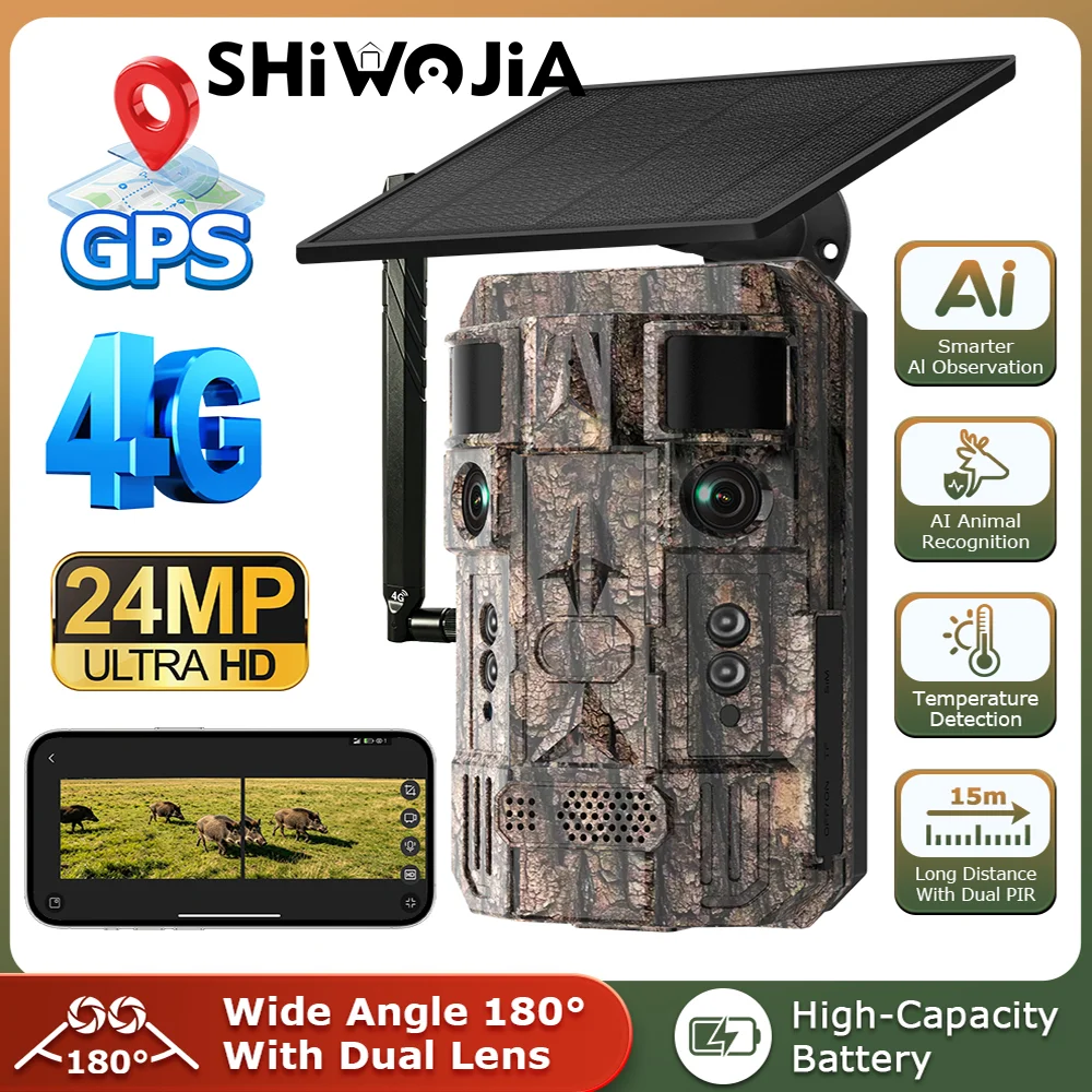 SHIWOJIA 24MP HD 4G Solar Camera Outdoor Camouflage Smarter Al Observation PIR Motion Detection Cameras Surveillance Ubox Pro