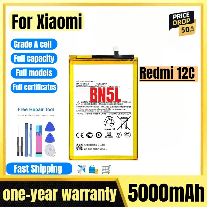 BN5L for Xiaomi Redmi 12C Mobile Phone Battery High Quality High Capacity Battery Replacement Bateria Grade A Cell with Tools