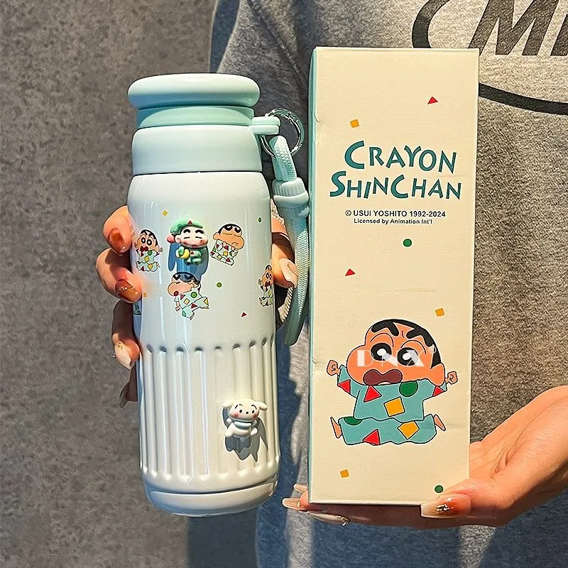 Kawaii shin-chan copo de vácuo anime adorável estudante de alta capacidade copo de água de aço inoxidável crianças copo de palha presente do festival novo