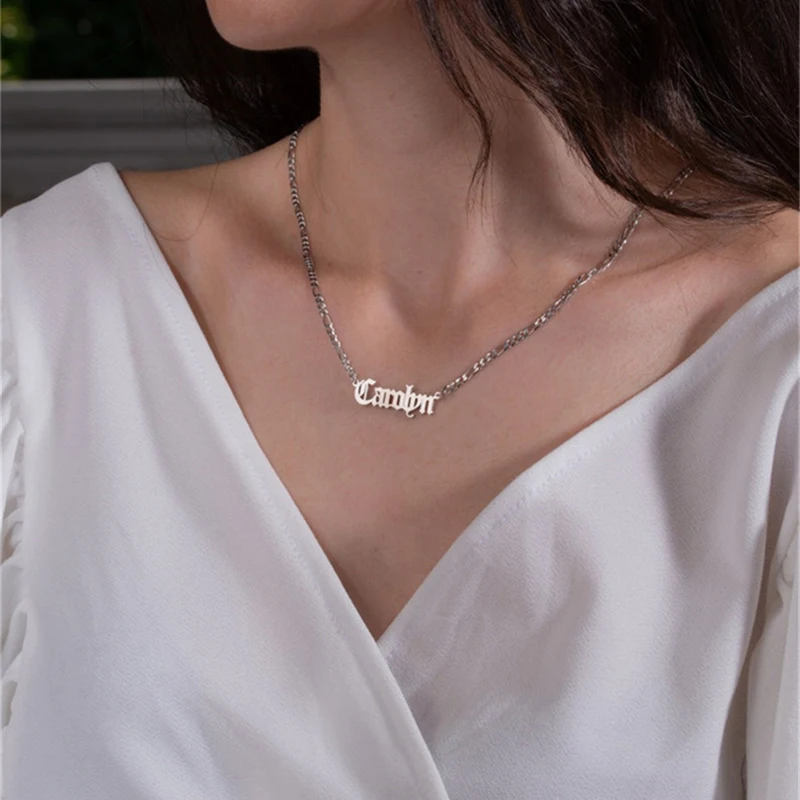 Personalized Custom Name Cuban Necklace Old English Name Pendant Women Stainless Steel Jewelry Party Christmas Gift Collar Gifts