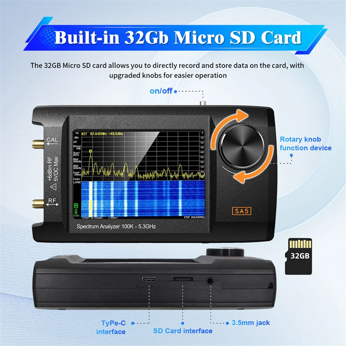 A17Z Newest 4inch IPS LCD SA5 Spectrum Analyzer Spectrum Anslyzer 100k-5.3GHz Signal Generator Built-in 5000mAh Battery