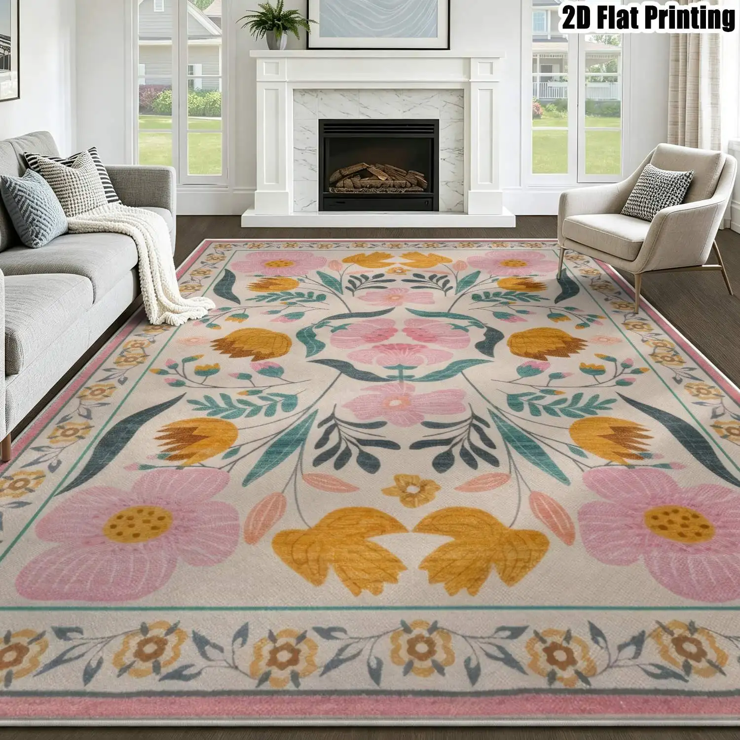 1Pc 2D Printed Velvet Carpet: Light Beige Base, Pink Flower Pattern Nordic/Instagram/Modern Minimalist/European/Retro Style, Home Decor, Multi-Size, Machine Washable, for Entrance, Dining, Foyer, Living Room, Bedroom.