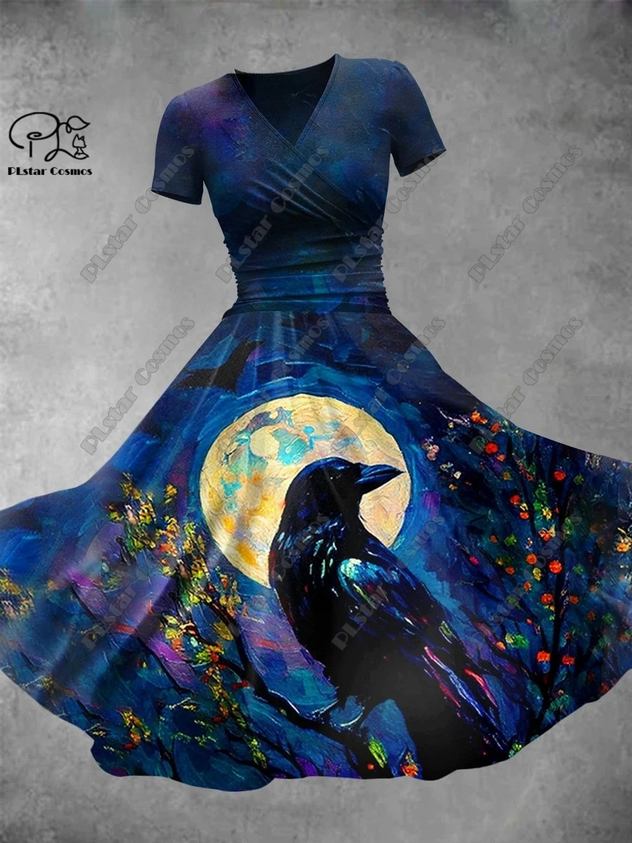 3D printed new horror skull witch ghost series full body printed V-neck short-sleeved dress A-line long skirt casual fashion S-1