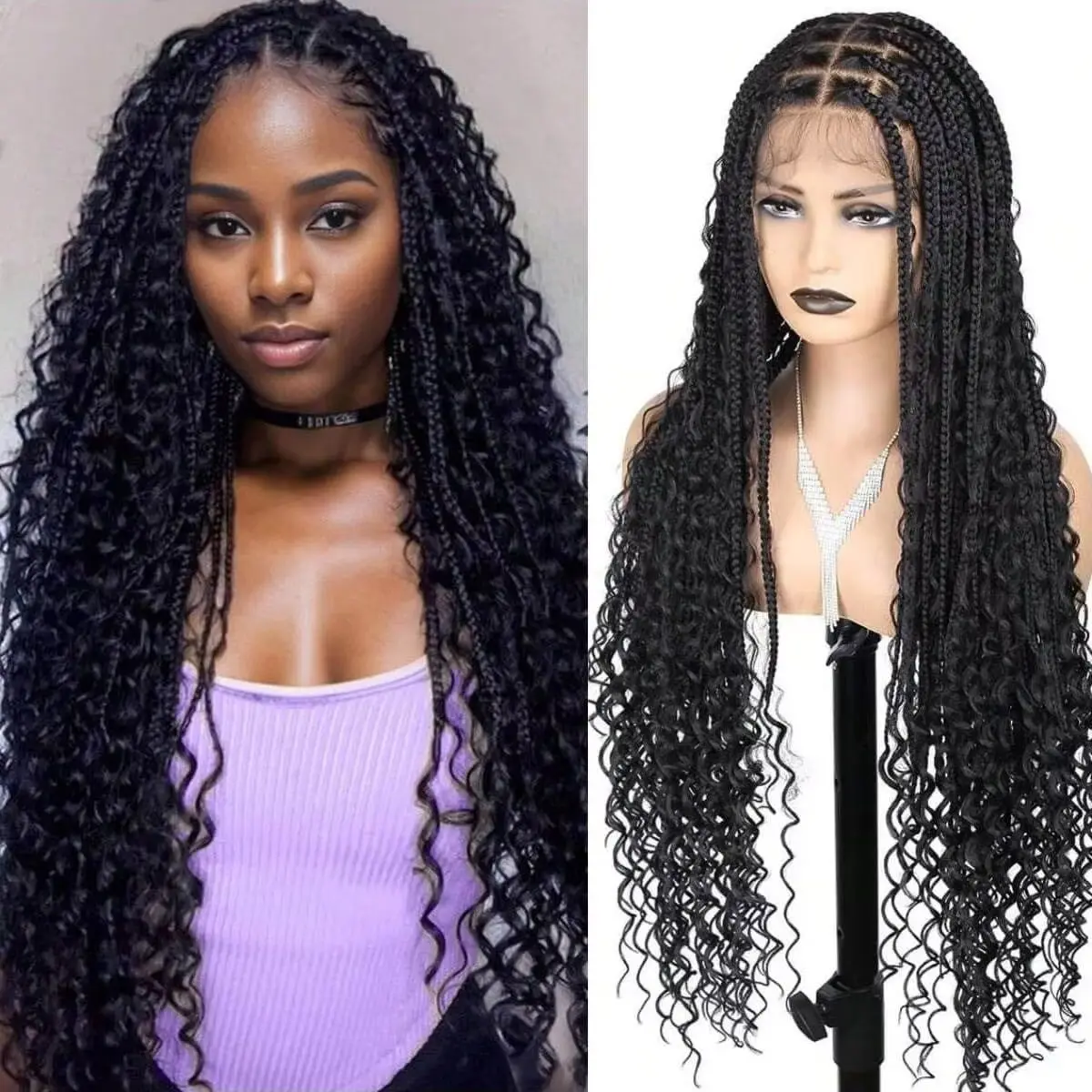 

Long Bohemian Boho Box Braided Wig Synthetic Full Lace Frontal Boho Braided Curly Lace Wigs with Baby Hair For Women Daily Use