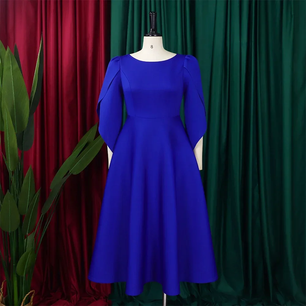 Robe de soirée plissée mi-mollet taille haute pour femme, col rond, demi-manches, robe élégante, luxe, anniversaire, robe éducative, mariage, 2024