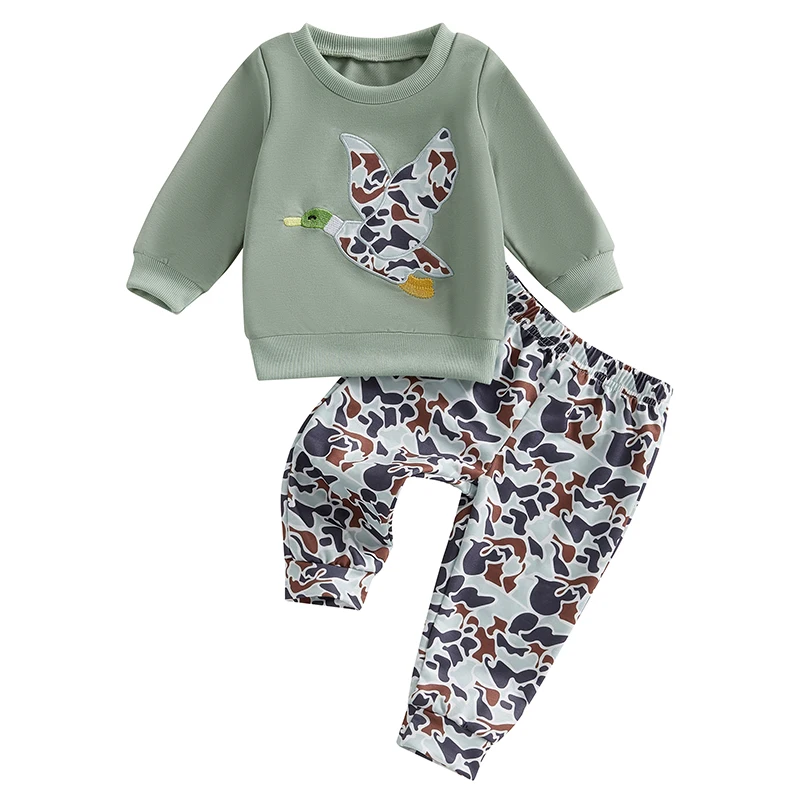 Boy Autumn 2PCS Outfit Sets Long Sleeve Duck Embroidery Pullover Camouflage Pants Sets