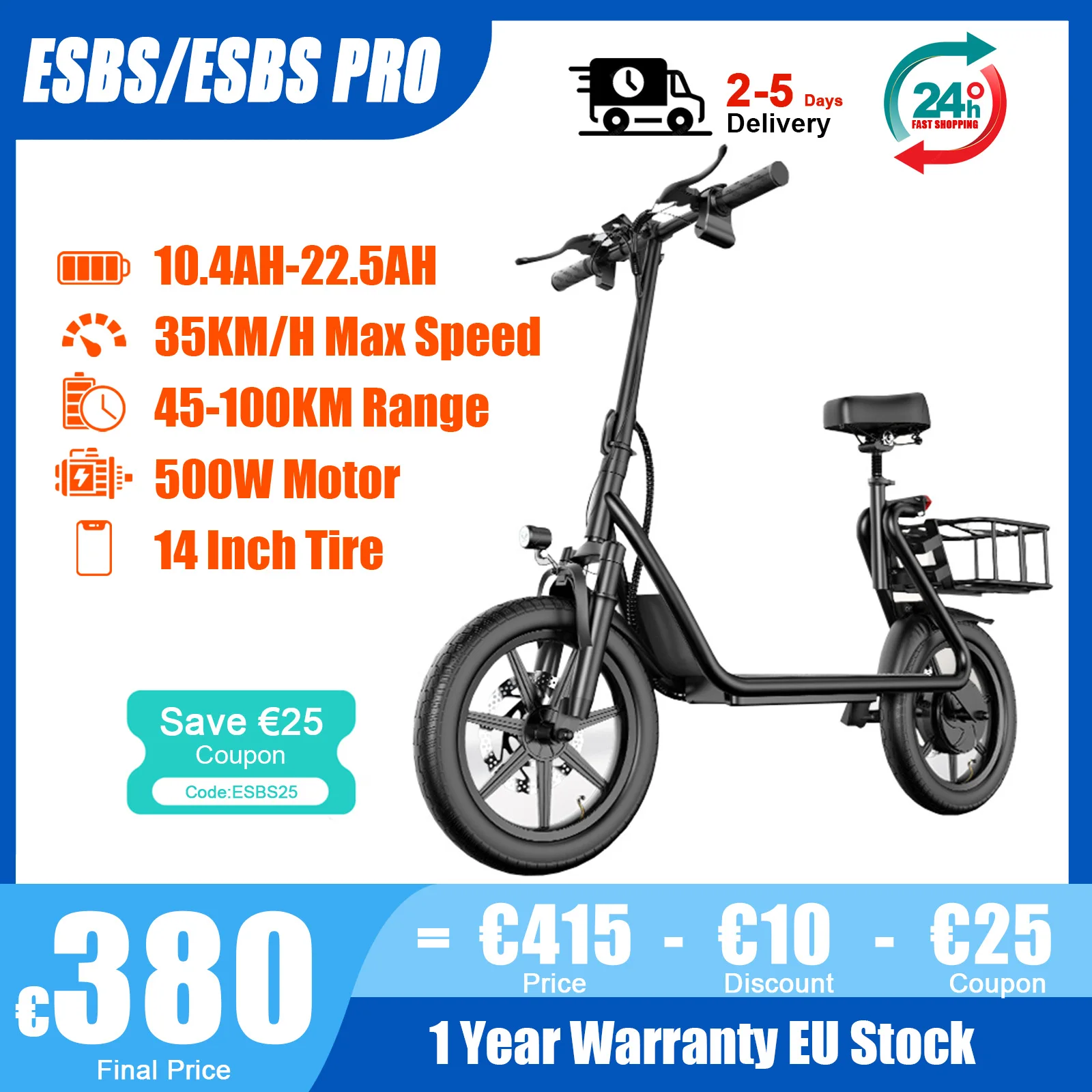 JUICEASE 10.4AH-22.5AH Electric Scooter ESBS/ESBS Pro 500W Adults Electric Scooter 35KM/H 14 Inch Tire Free Seat Folding Scooter