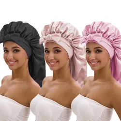3pcs Satin Long Bonnet with a Wide Brim BowTie Sleep Cap Perfect for Everyday Use During Showers.
