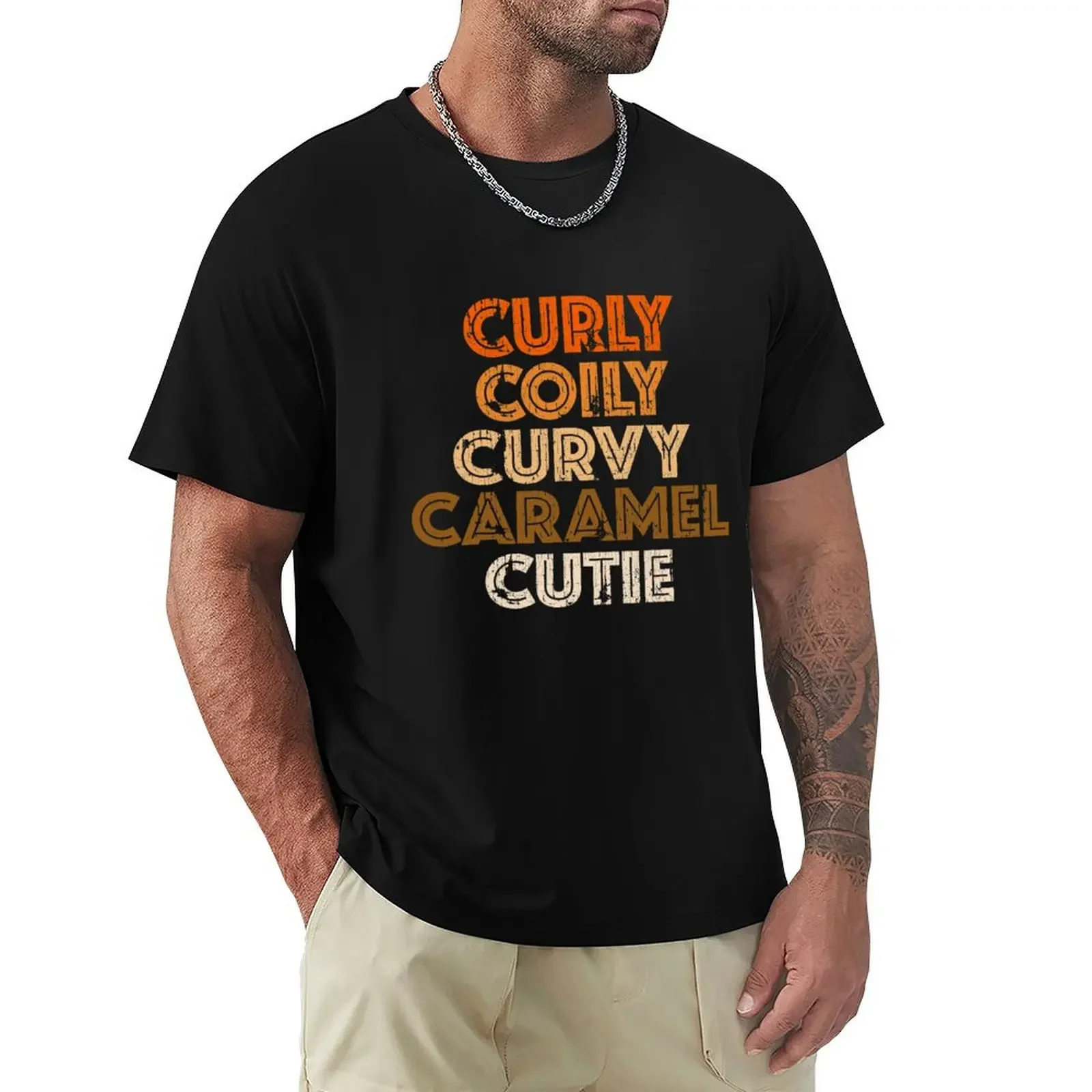 Curly Coily Curvy Caramel Cutie Natural Hair T-Shirt cotton graphic tees customs Men's t-shirt