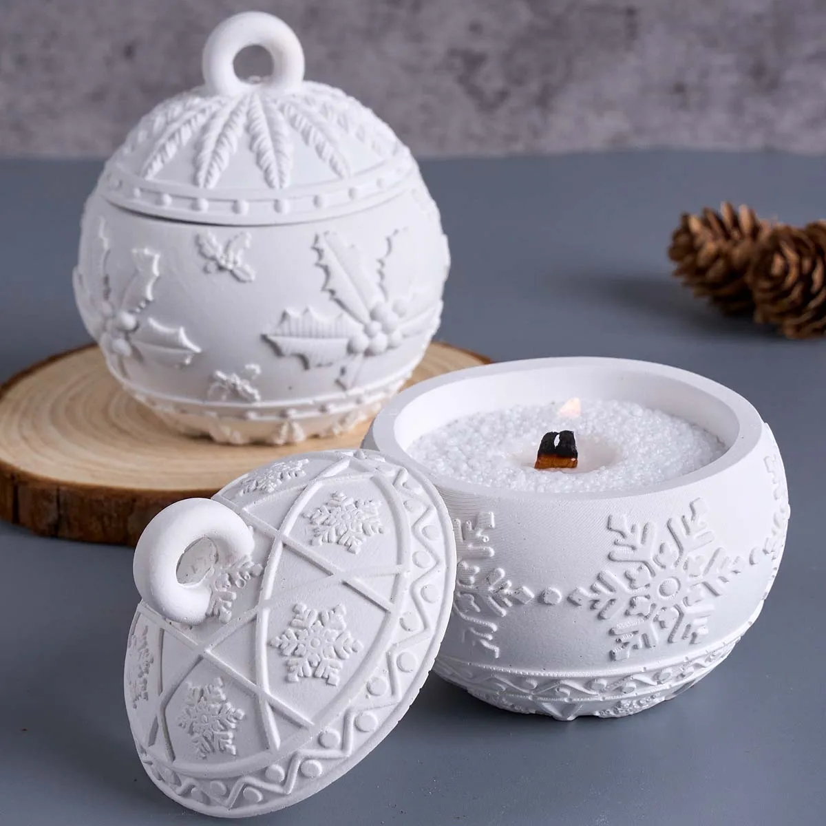 ثلاثية الأبعاد الإغاثة كرة مستديرة شمعة جرة قالب من السيليكون لتقوم بها بنفسك مع غطاء عيد الميلاد الثلوج التوت صندوق تخزين قوالب الجص عيد الميلاد ديسمبر الراتنج الحرف #2