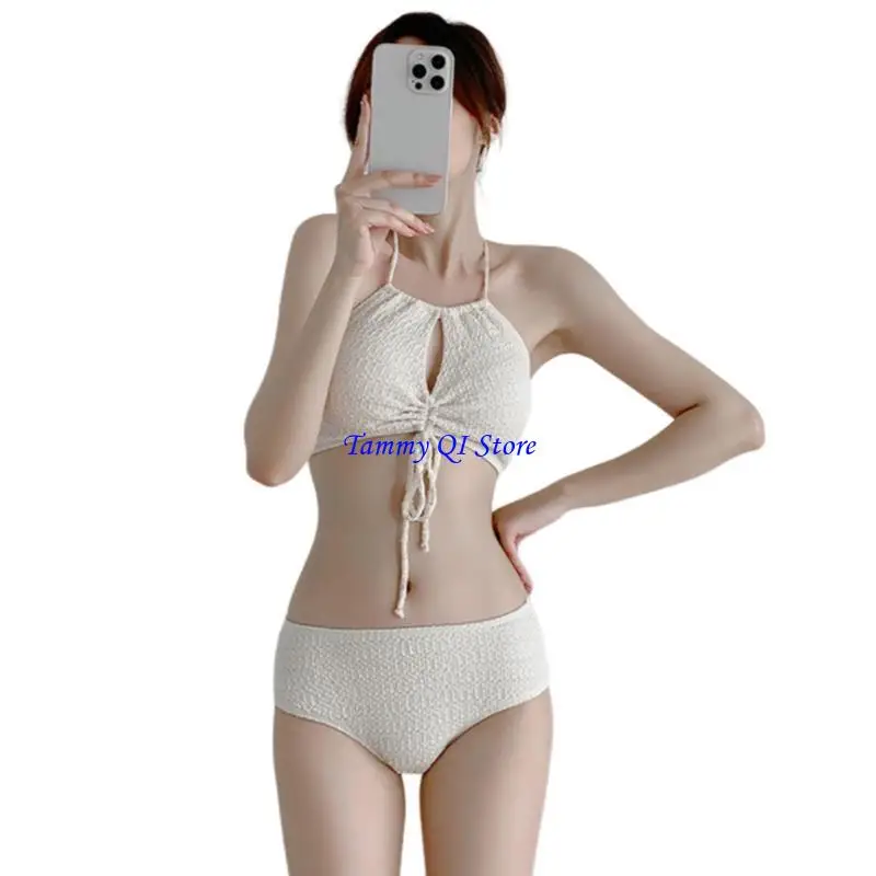 F1FD Women Swimming Costume Set 3 Pcs Swimwear with Beach Skirt Drawstring Tie Swimsuit Stylish Bathing Suit for Beachwear