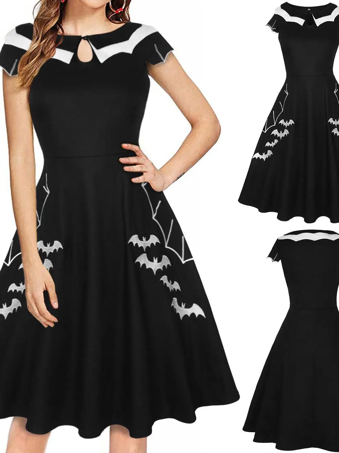 

Женское платье макси с вышивкой «Летучая мышь», больших размеров, на Хэллоуин, с высокой талией, из хлопка