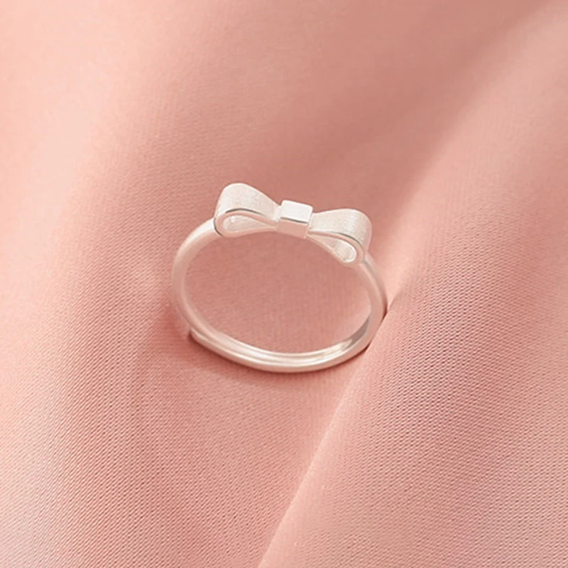 Real 925 Sterling Silver Frosted Bowknot Adjustable Ring For Women Cute Fine Jewelry Niche Design  Accessories