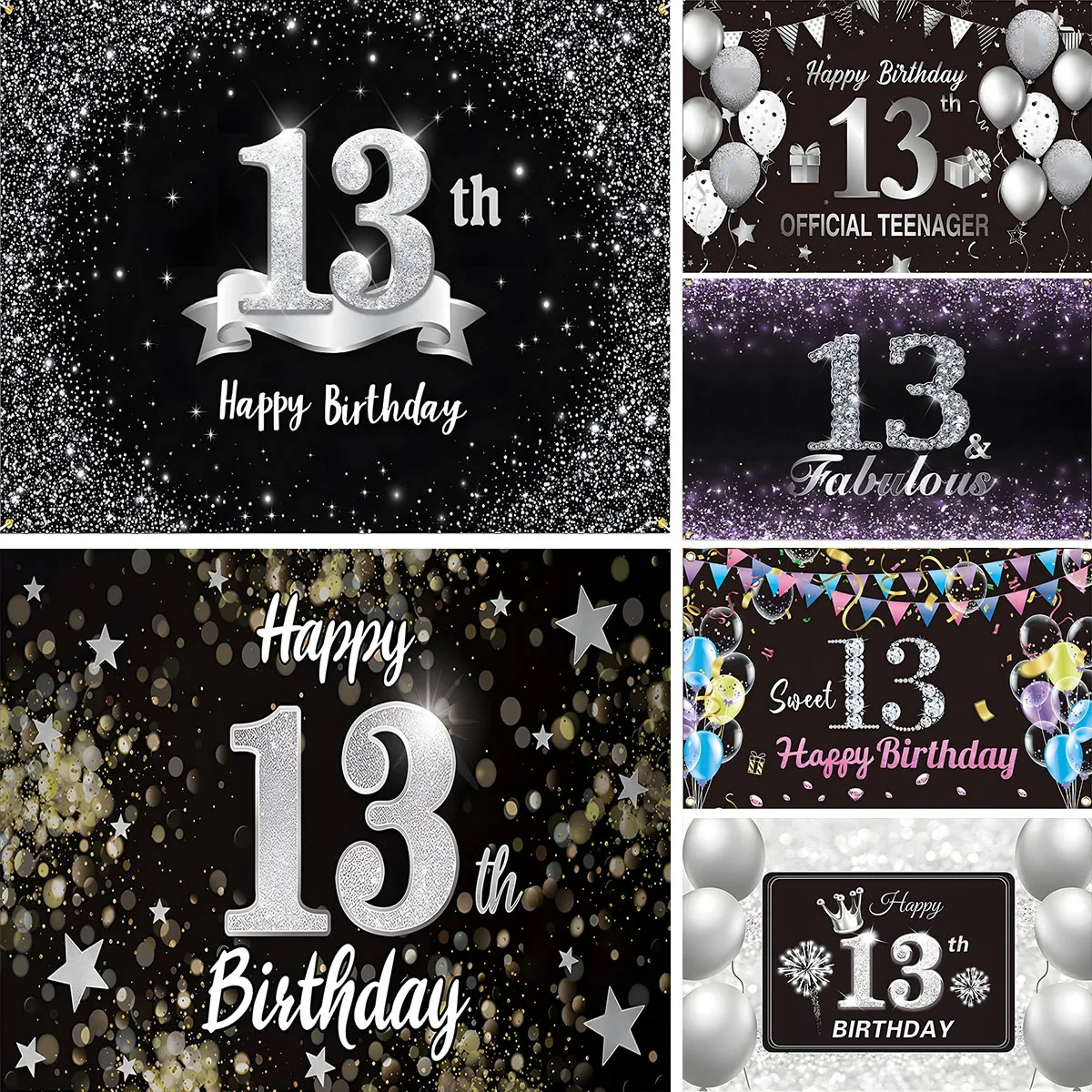 Black Sliver Happy 13th Birthday Backdrop Balloon 13 Years Party Decoration For Jewish Boy Bar Mitzvah Photography Background