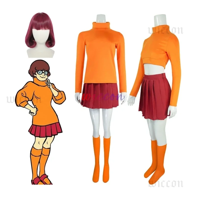 

CosplayAnime Velma Seragam Cosplay Kostum Orange Short Skirt Uniform Wanita Oranye Kaus Kaki Rok Atas Halloween Party Carnival S