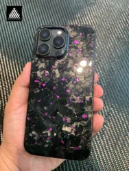 For iPhone 15 16 Pro Max Real Forged Glossy Carbon Fiber Case with Purple Flakes Ultra thin and Lightweight Premium Phone Cover