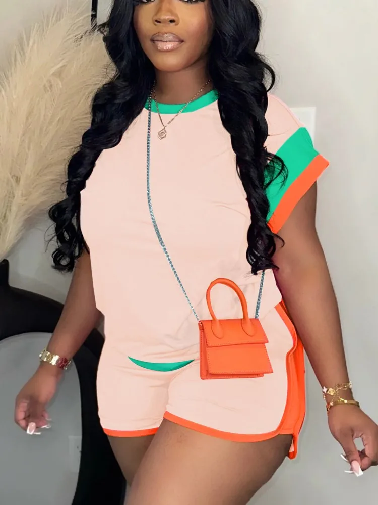 

New Patchwork Casual Sporty 2 Piece Sets Women 2025 Summer Trend O-Neck Short Sleeve Tops And Shorts Matching Fitness Tracksuits