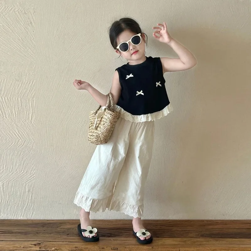 

Summer Girls' Suits Cool And Comfortable Lace Hem Tank Bow Trim Top+Pants 2 Piece Set Cute Kids' Clothing Sets