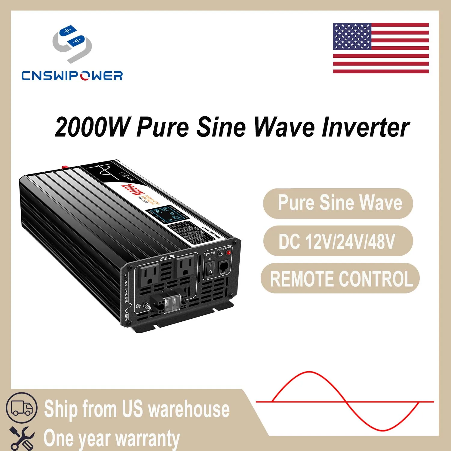 Pure sine wave 12v 2000w 48v inverter 24v AC 110v power supply bluetooth/LCD