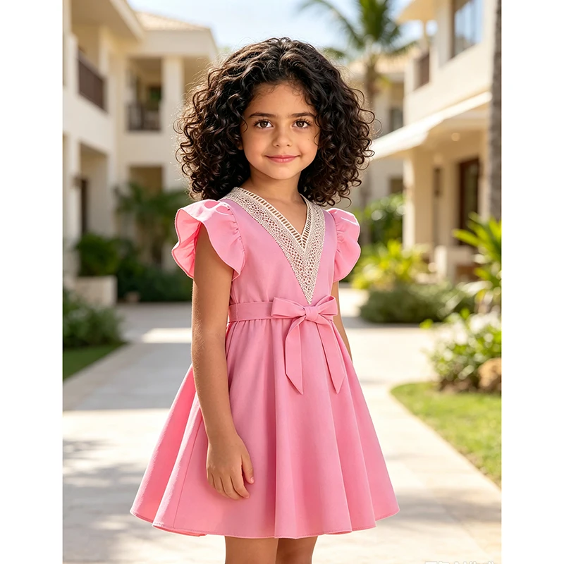 Girls 4‑12Y Casual Summer Dress Hollow Lace V‑Neck Ruffle Short Sleeve Self‑Tie Bow Waist Flowy A‑Line Party Dress