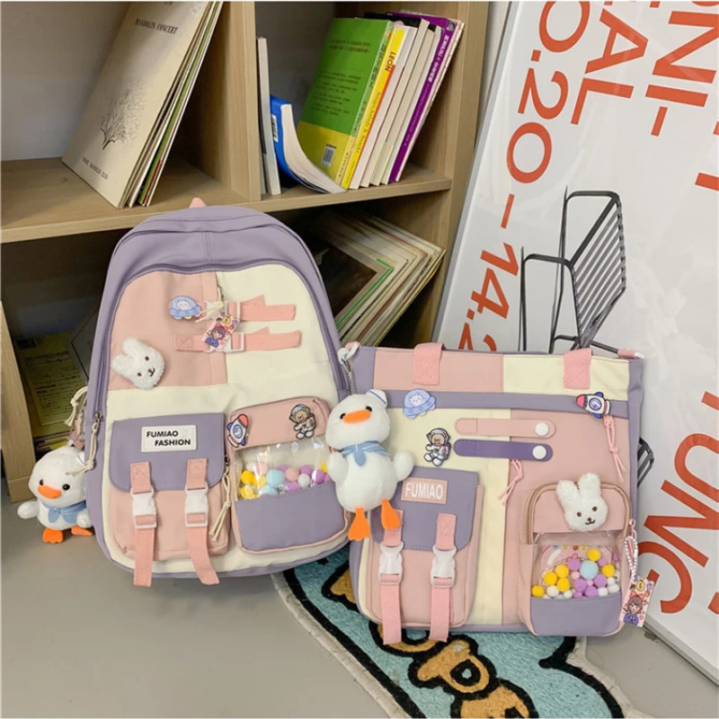 New Campus Backpack Zipper Schoolbags Handbags Set Pink Girl Large-capacity Middle School Student School Bag