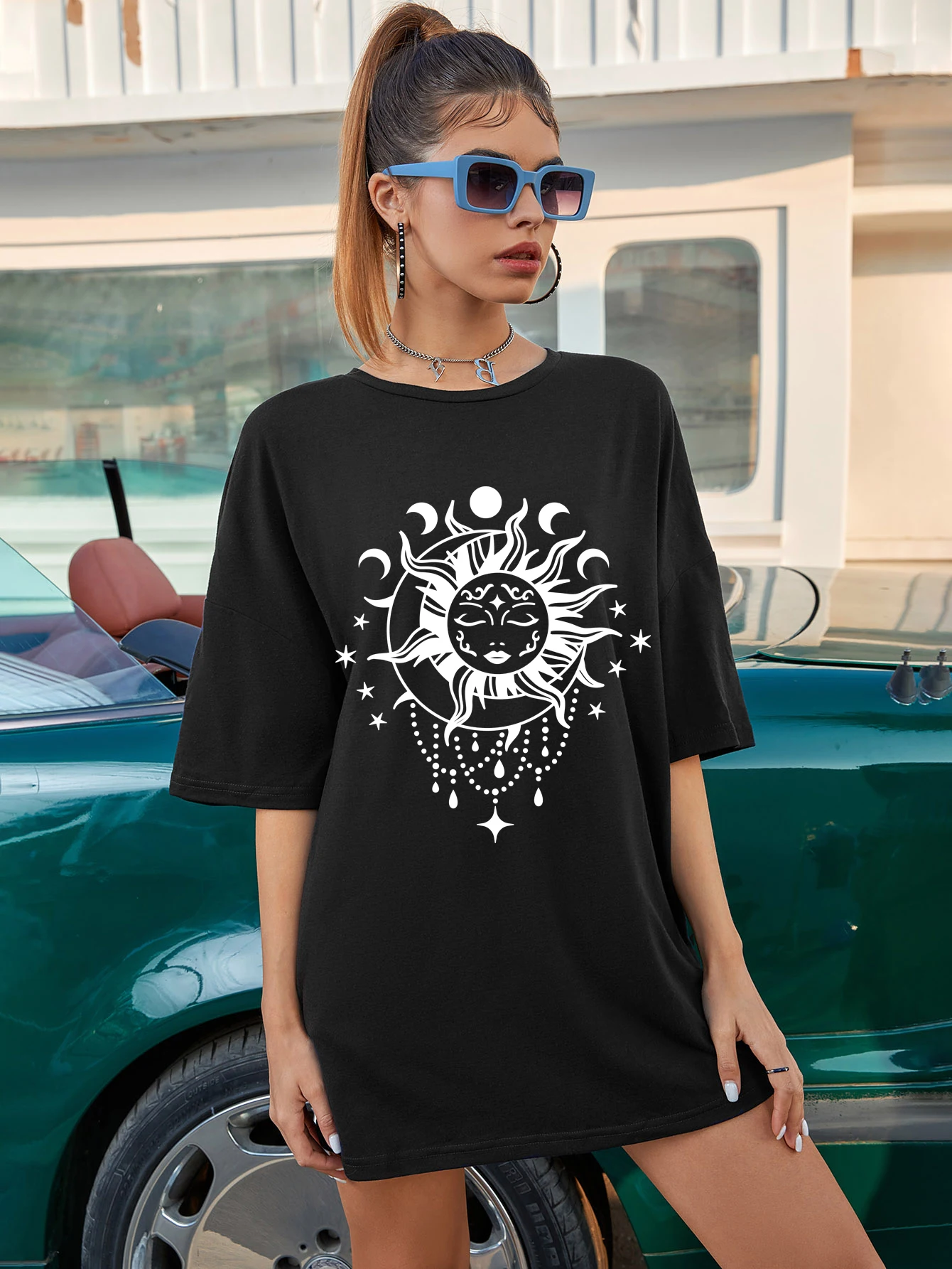 

sun and moon oversized tshirt retro women graphic tee shirt