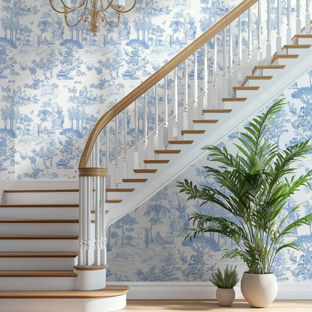 ورق جدران تويلي باللونين الأزرق والأبيض مقاس 17.7 × 590، ورق اتصال مستوحى من الفرنسية العتيقة، نمط جوي التقليدي