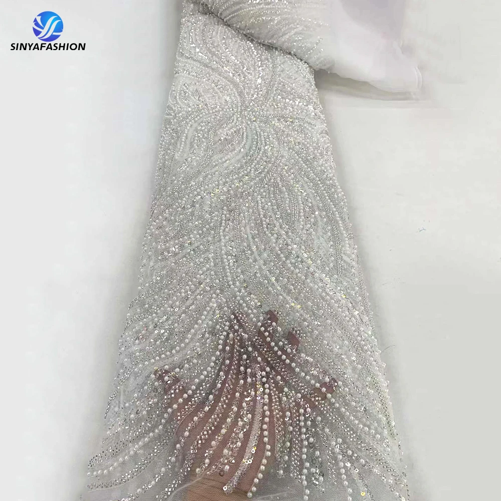 

Tim Full Sequins Pearls Beads African French Net Tulle Wedding Lace Fabric High Quality White Luxury Heavy Beaded Lace For Dress