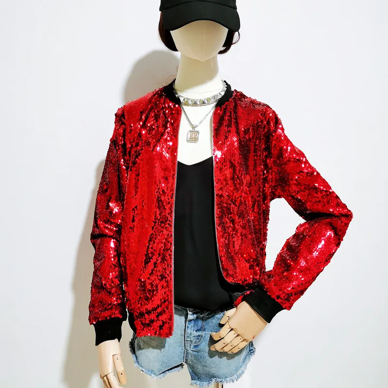 Coat Women\'s Autumn Sequin Jacket Loose Sequin Baseball Jackets Stage Performance Shiny Tops Casacos Feminino