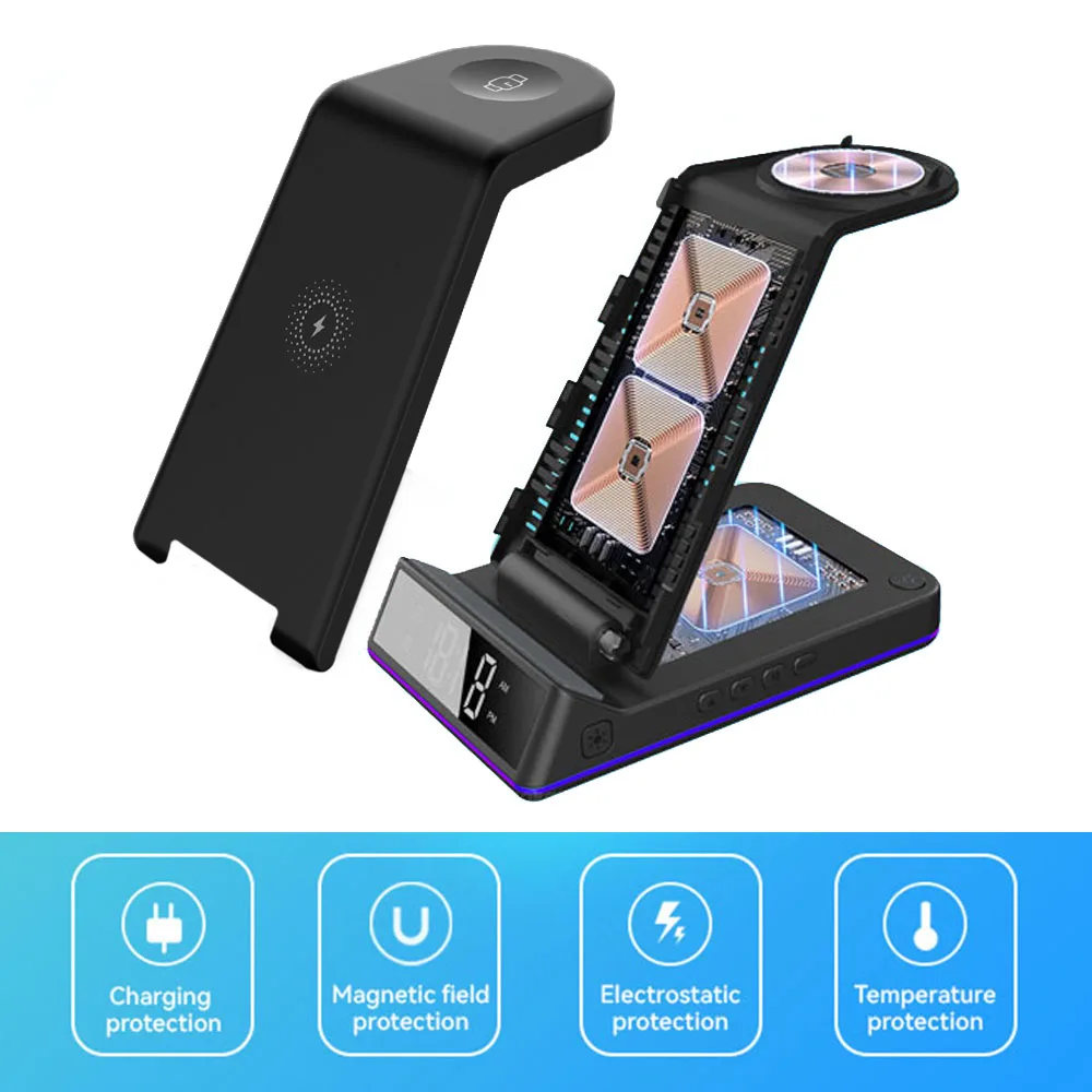 Soporte de cargador inalámbrico plegable 5 en 1 Base RGB con reloj despertador digital LED Estación de carga rápida para Samsung Galaxy Watch 5/4 Pro Active 2 S22 S21 Ultra Airpods iPhone14