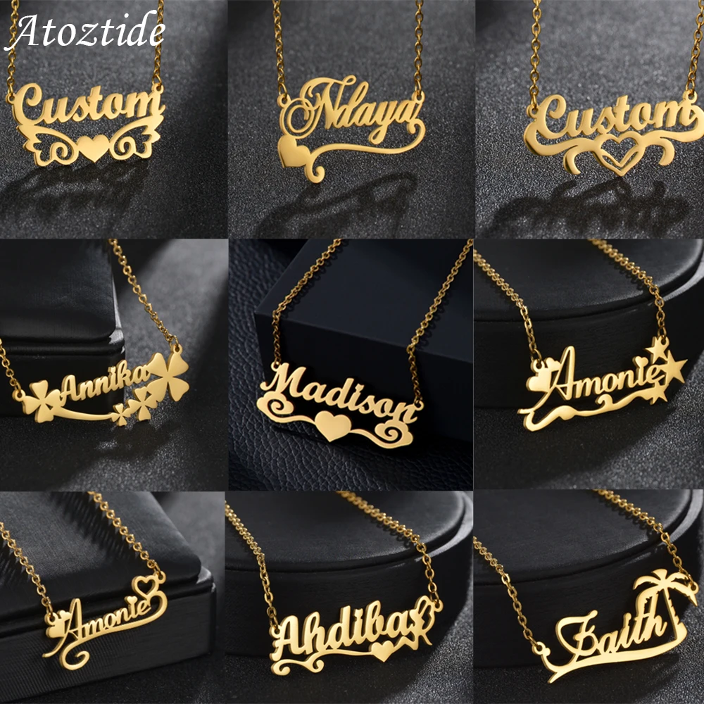 Atoztide New Custom Name Necklaces Personalized Fashion Stainless Steel Bottom Decoration Pendant Heart Letter for Women Jewelry