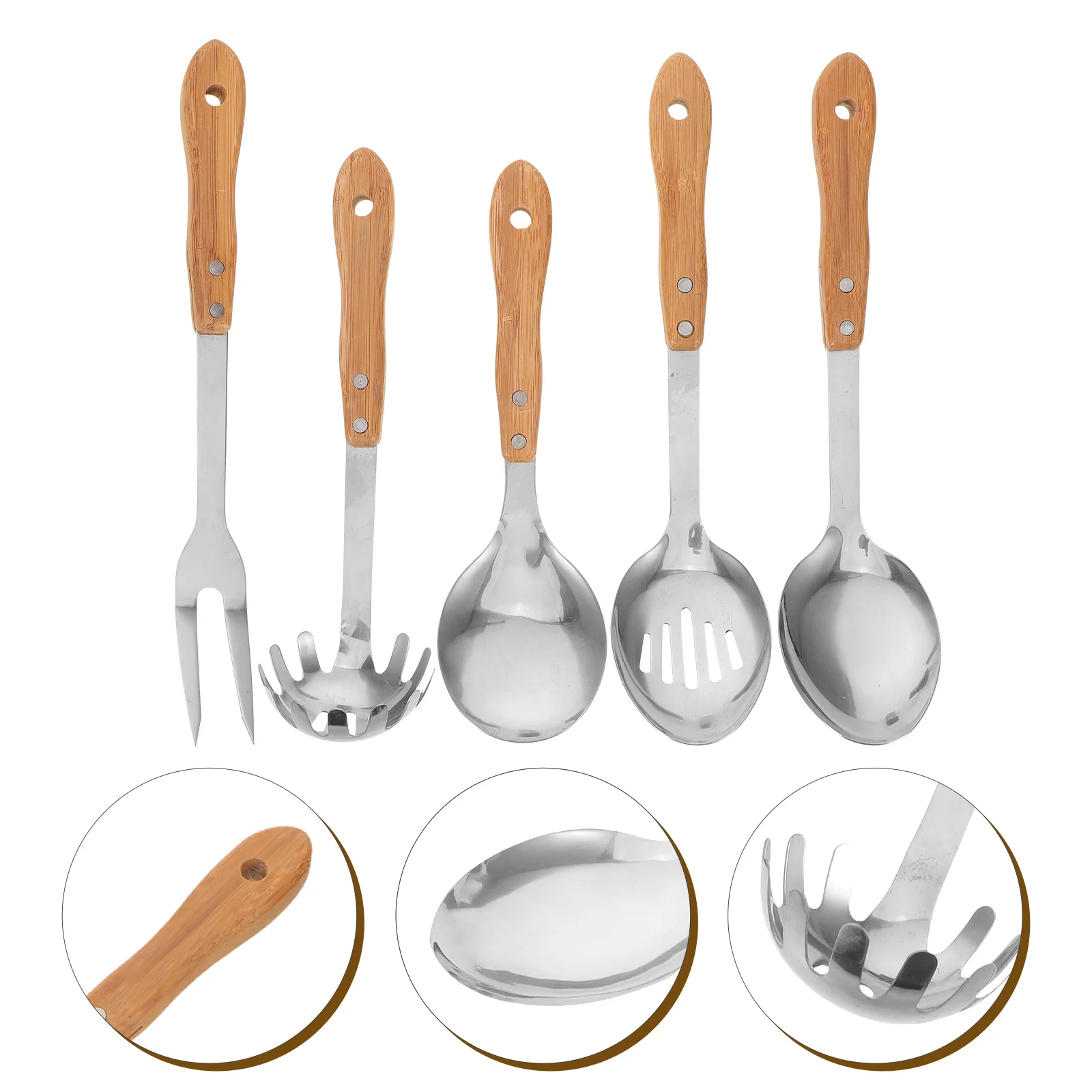 

5Pcs Kitchen Tools Set Stainless Steel Bamboo Handle Cooking Utensils Heat Resistant Nonstick Cookware Serving Spoons Ladles