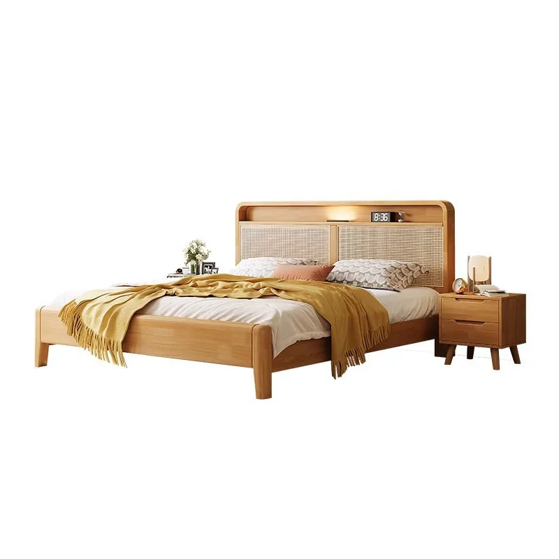 Wabi Sansan retro solid wood rattan bed Japanese-style homestay 1.8 meters double bed bedroom with night light drawer storage