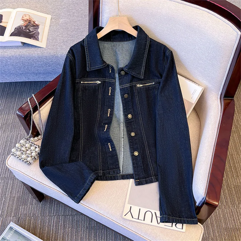 

Fashion Zipper Design Slim Short Jeans Jacket Autumn New Women Cowboy Outerwear Lapel Single-Breasted Long Sleeve Denim Jackets