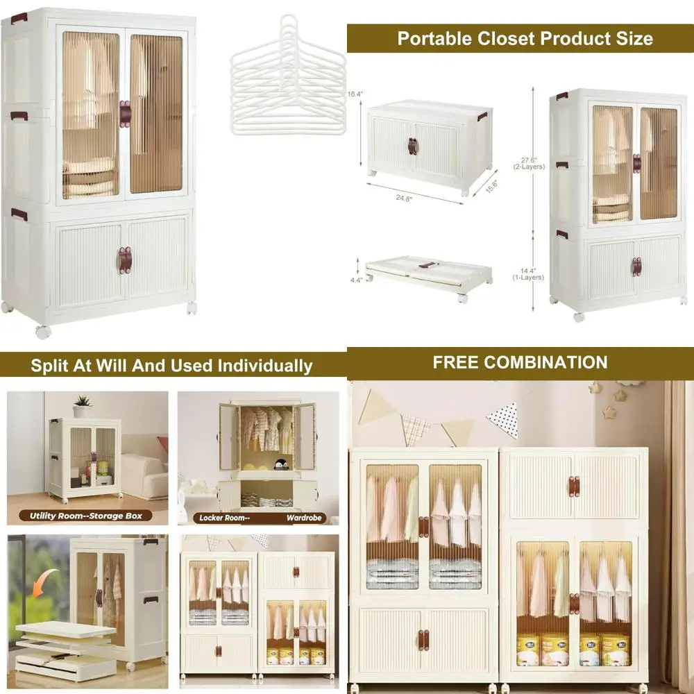 

portable wardrobe with folding storage bins, stackable boxes, hanging rod, and doors