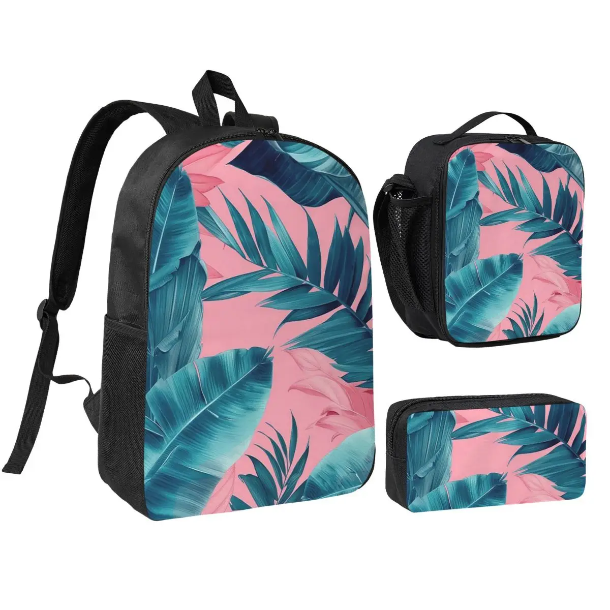Tropical Palm Leaves Foliage Backpack Student BookBag School Bag Shoulder Bags 3ps Insulated Lunch Bag Pencil Case