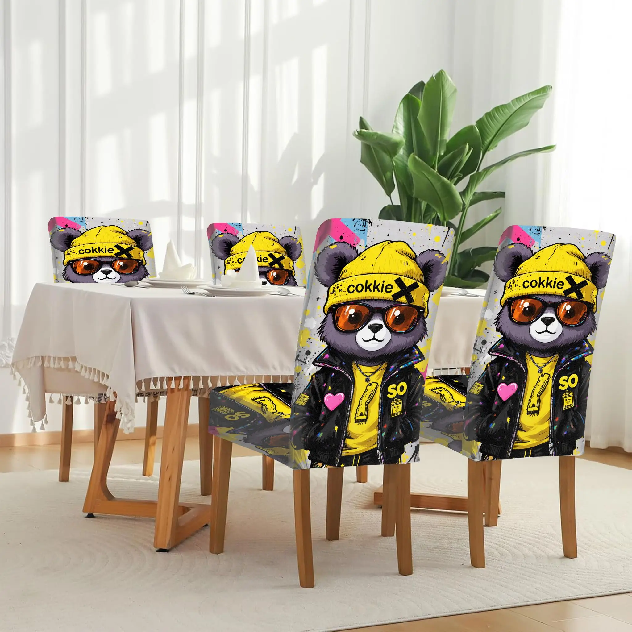 

Чехол для обеденного стула в уличном стиле с серым медведем, съемный, моющийся, для домашнего использования