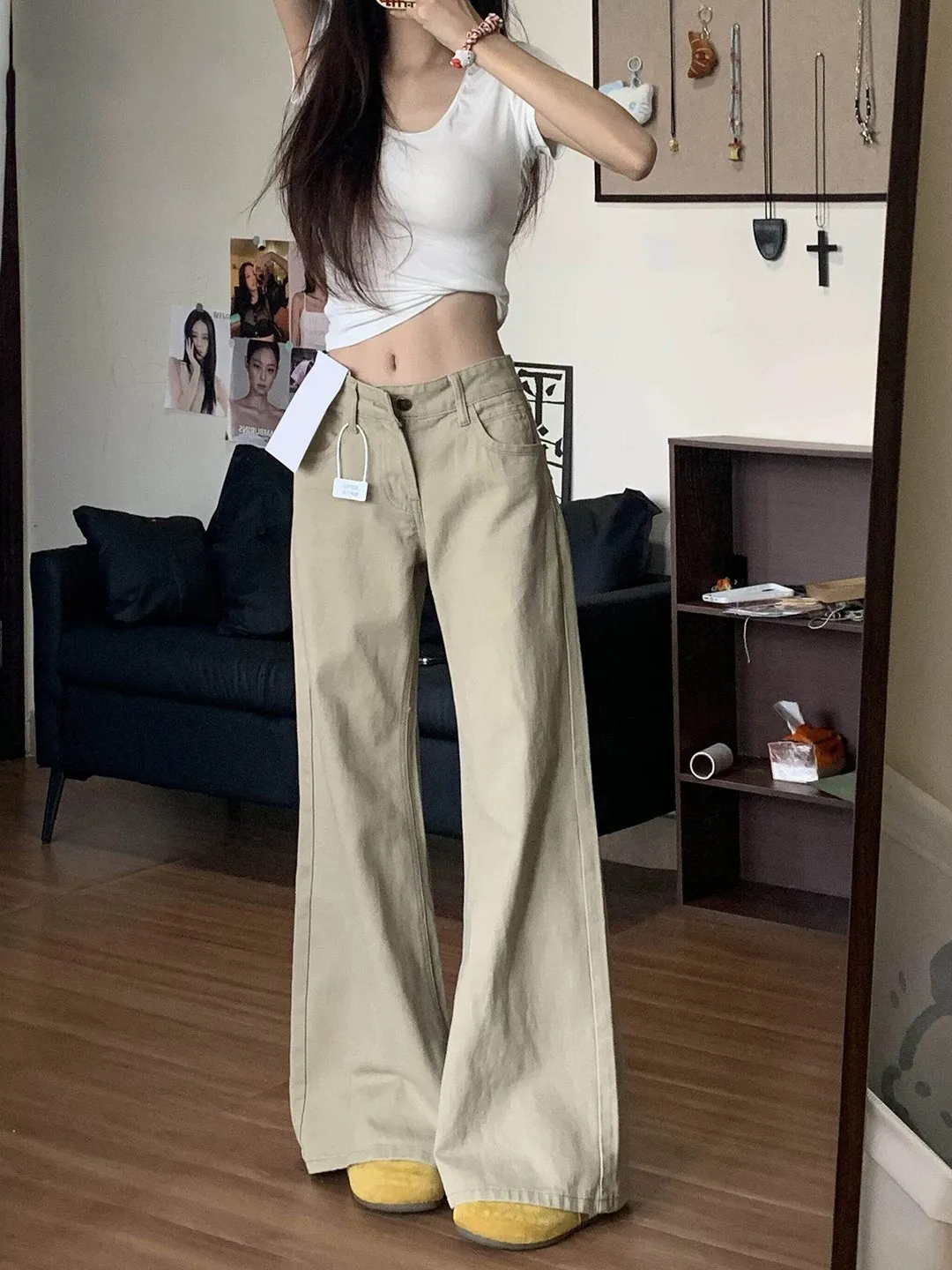 

Retro Hong Kong Style High Waist Bell Bottom Denim Jeans Women's Summer New Arrival Khaki Color Loose Fit Cotton Stretch