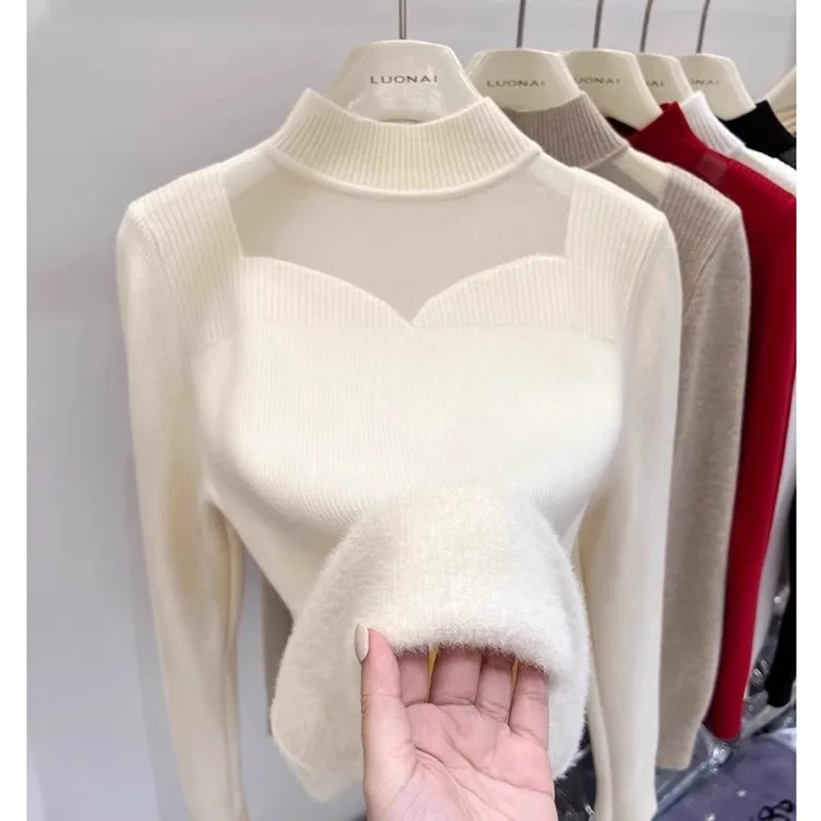 

Retro Christmas Red Sheer Knit Sweater Women Fleece-lined Thicjened Soft Sweet Warm Bottoming Shirts Winter Jumpers Knitwear