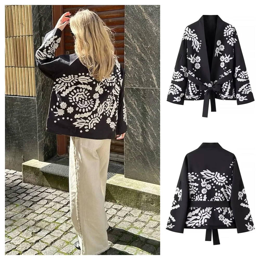 PB&ZA2024 autumn new women\'s clothing fashionable temperament casual versatile long sleeved waist slimming printed jacket