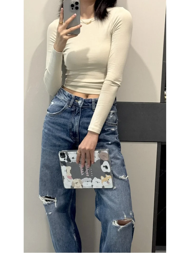 ETJ 2025 ربيع جديد للمرأة 1975 سلسلة عالية الخصر منحني صورة ظلية جميع القطن القديم ممزق التفاصيل واسعة الساق الجينز