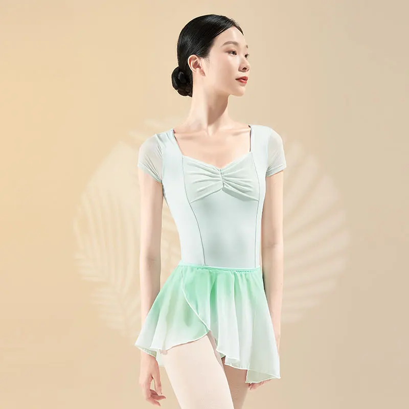 Ballet Leotards for Women Gymnastics Leotards Nylon Mesh Splice Pleated Dance Leotards Short Sleeves Ballet Bodysuit Adult