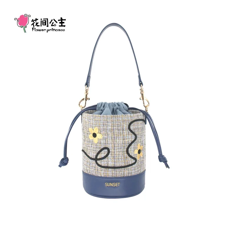 Flower Princess Sunset 2024 Spring Women's New Imitation Linen Cloth Small Fresh Fancy Handbag Crossbody Shoulder Bucket Bag