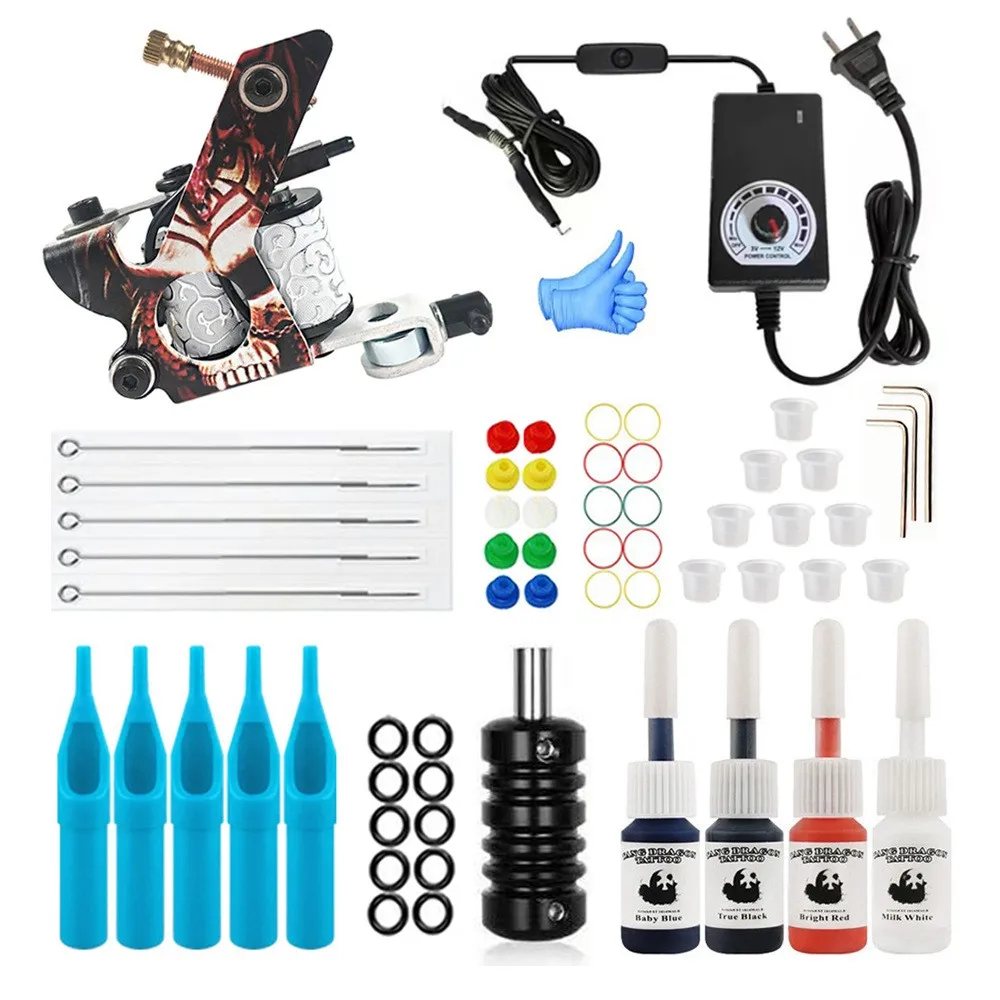 Panda 4-color coil machine tattoo kit with pedal free power supply 5 disposable tattoo needles Smooth cutting and quick coloring