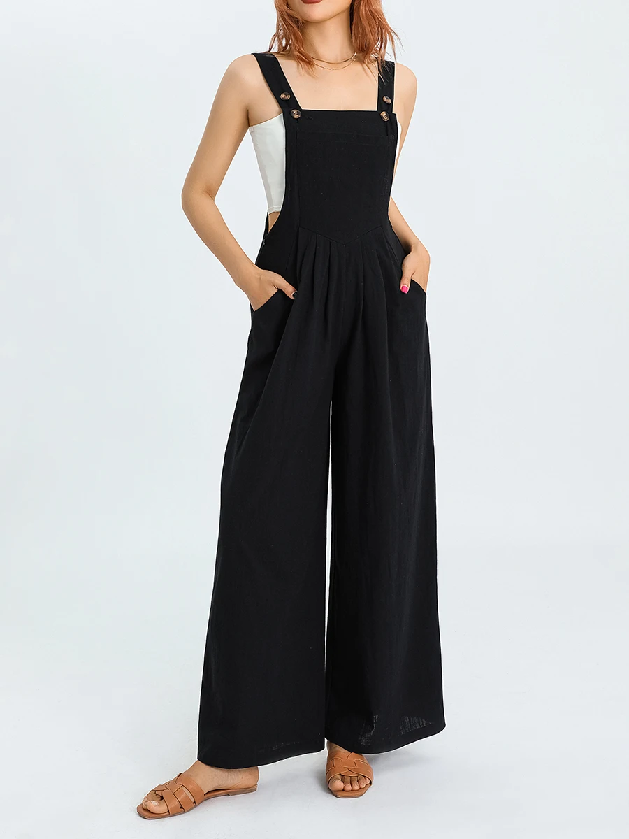 Women s Casual Loose Fit Overalls Solid Color Baggy Jumpsuit Romper with Cargo Pockets and Wide Leg Pants for a Stylish Look