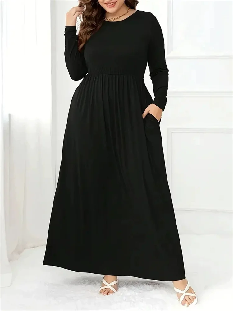 Large size solid-color dress - Cross-border European and American foreign trade independent website casual fitted long-sleeved r