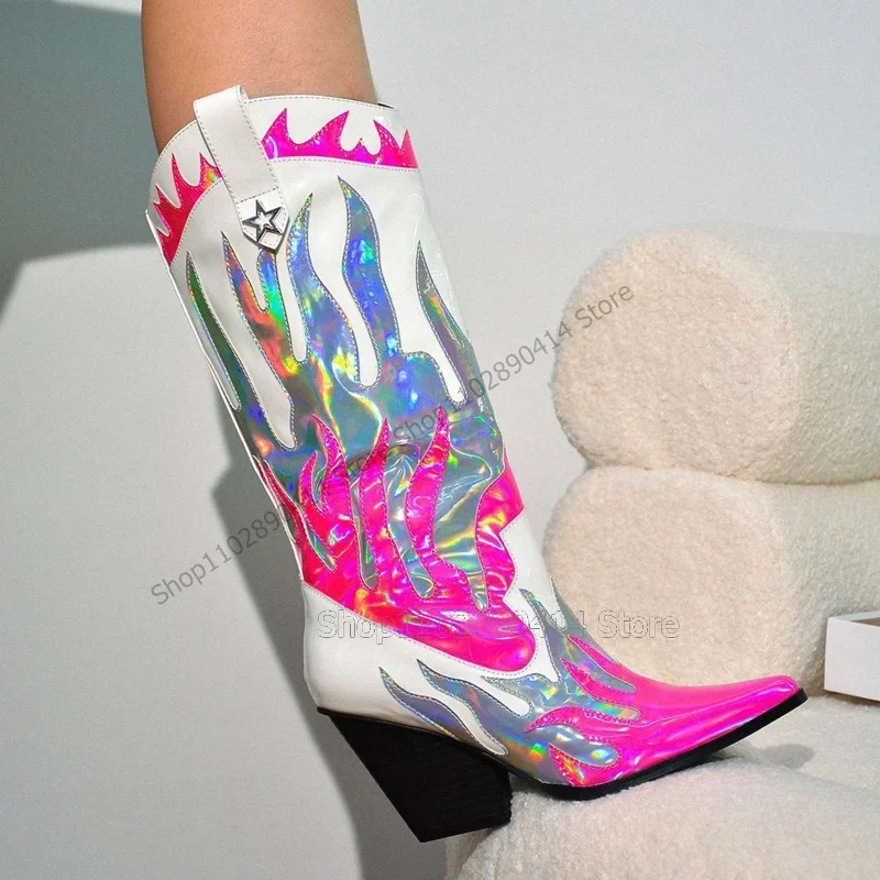 

Rose Red White Silver Totem Design Pointed Toe Boots Slip On Women Shoes Chunky High Heels Novel Party 2023 Zapatos Para Mujere