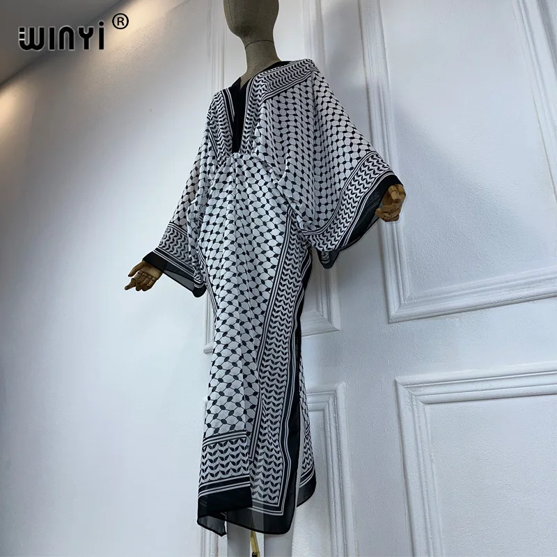 WINYI V-neck Perspective sexy dress Arabic traditional print women Loose Holiday Beach cover up Party Kaftanabaya dubai luxury